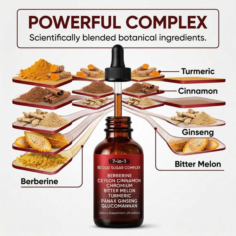 7-in-1 Complex Liquid Drops - Berberine with Ceylon Cinnamon, Chromium, Bitter Melon, Turmeric, Panax Ginseng & Glucomannan, Herbal Metabolic Support Supplement - 2fl oz