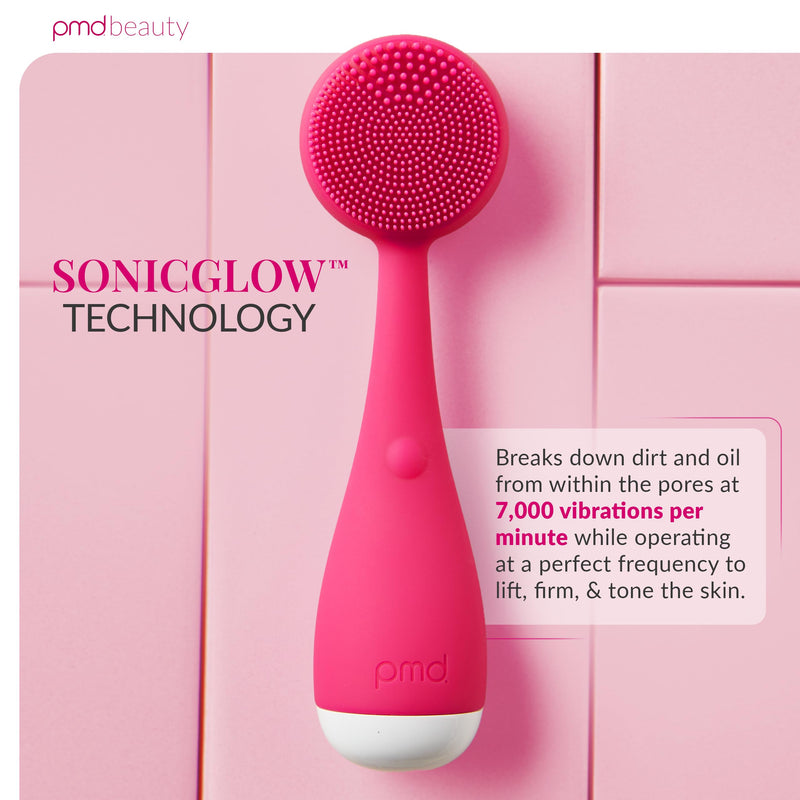 PMD Clean Mini - Smart Facial Cleansing Device with Silicone Brush & Anti-Aging Massager - Waterproof - SonicGlow Vibration Technology - Clear Pores and Blackheads - Lift, Firm, and Tone Skin Pink