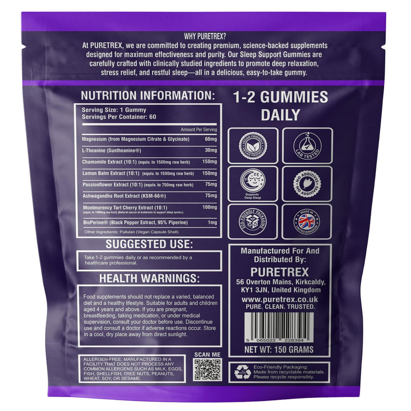Puretrex Sleep Gummies for Kids and Adults, 60 Cherry Gummies, Natural Calming Blend with Magnesium Ashwagandha L-Theanine Chamomile Passionflower, No Melatonin, Sugar Free, Vegan, UK Made