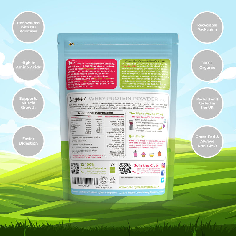 Organic Whey Protein Powder (600g) - Grass Fed Unflavoured Organic Protein Powder by TheHealthyTree Company - Low Carb Natural Protein for Muscle Growth & Recovery 600 g (Pack of 1)