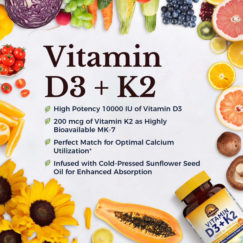 [Australia] - Vitalitown Vitamin D3 K2 Supplement, Vitamin D3 10000 IU Vitamin K2 (MK7) 200 mcg, 90 Softgels, Non-GMO, No Gluten & Soy, for Bone, Teeth, Immune & Heart Health 90 Count (Pack of 1) 