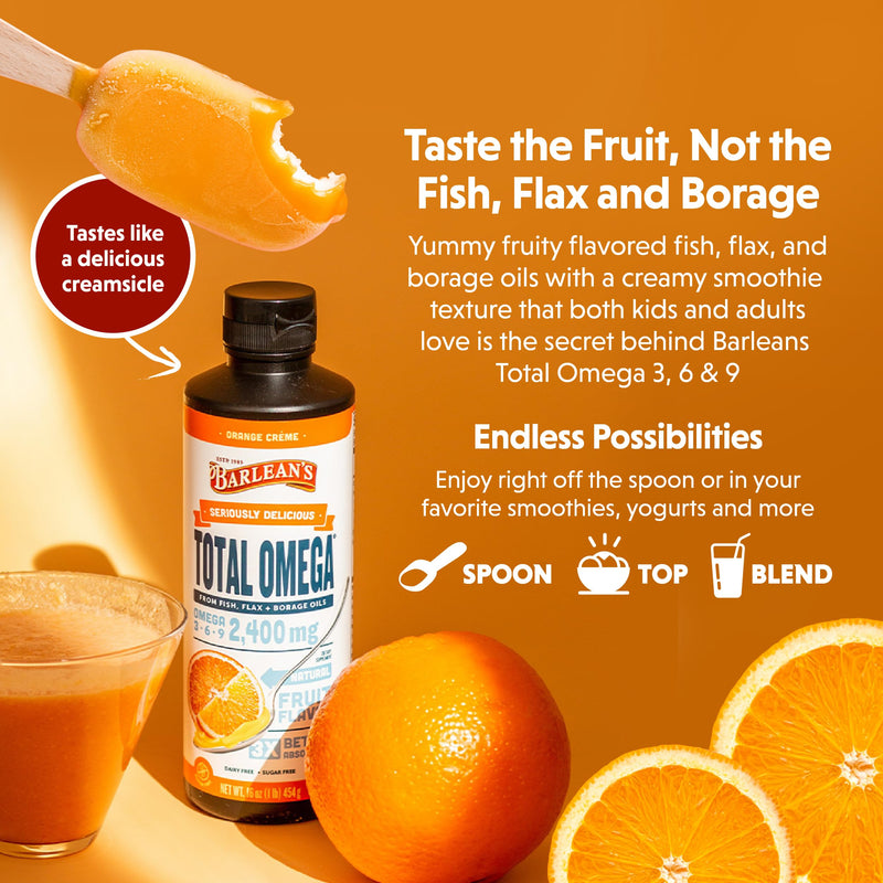 [Australia] - Barlean's Total Omega 3 Fish Oil Liquid Supplement, Orange Crème Flavored with Borage Oil and Flaxseed Oil, 2,400 mg of Omegas 3 6 9 EPA and DHA Plus GLA, 16 oz 16 Ounce (Pack of 1) 