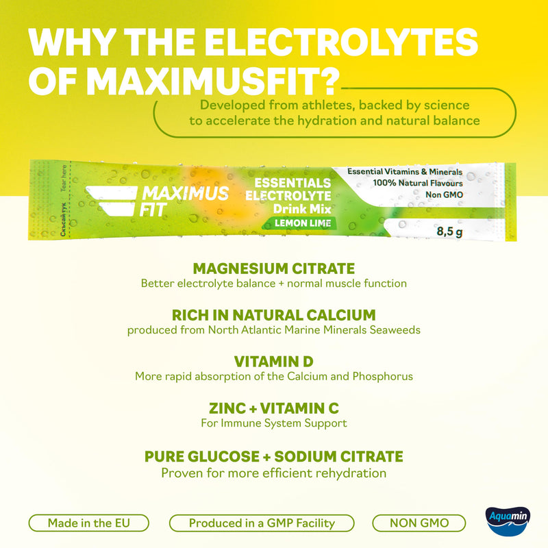 Maximus Fit Electrolytes Powder Sachets, Electrolyte Drink Mix Hydration Pack – Sodium, Magnesium Citrate, Vitamin C, B1, B2,B3,B6,B7,B12 – Natural Marine Plant Calcium & Zinc – 30 Sticks - Lemon/Lime 30 Servings (Pack of 1)