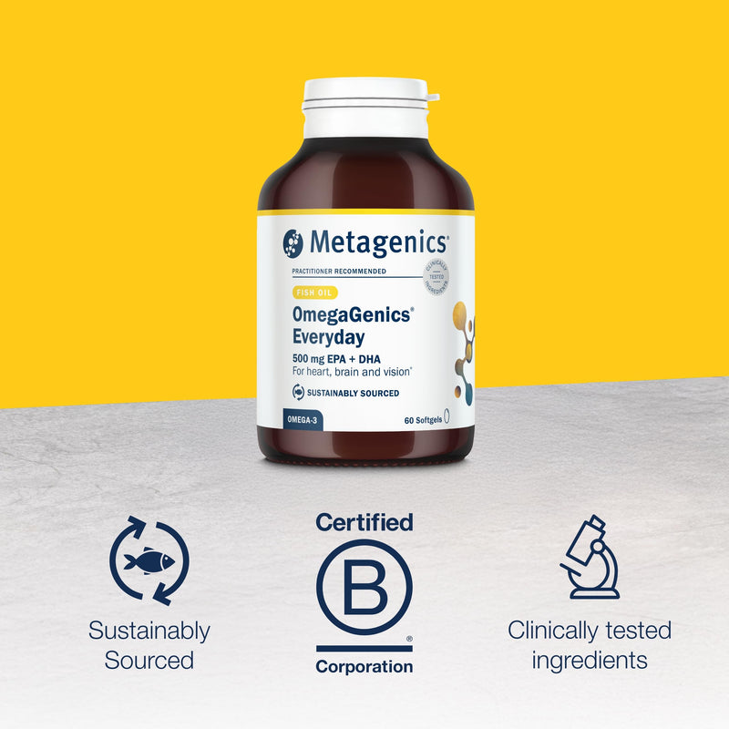 Metagenics OmegaGenics Everyday - 500mg EPA & DHA - Omega 3 Support with Vitamin E - for Heart, Vision & - 60 Capsules