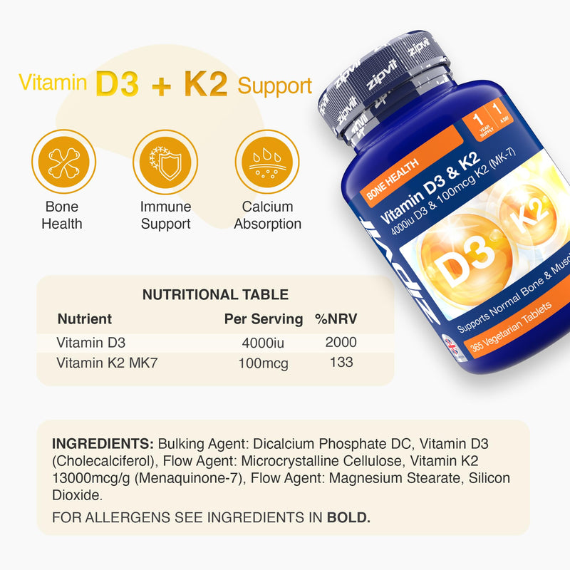 Zipvit Vitamin D3 4000 iu & Vitamin K2 MK7 100μg, 1 Year Supply, 365 Vegetarian Vitamin D3 K2 Tablets, High Strength Vitamin D Supplement, Supports Immune, Bone & Muscle Health D3 & K2