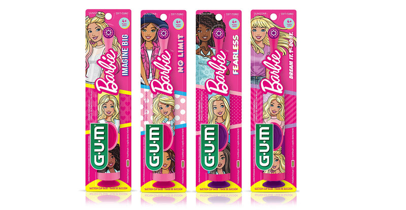 GUM Barbie Kids Power Electric Toothbrush with Suction Cup Base for Home or Travel Oral Health and Dental Plaque Removal, Ages 3+, Pack of All 4 1 Count (Pack of 4)