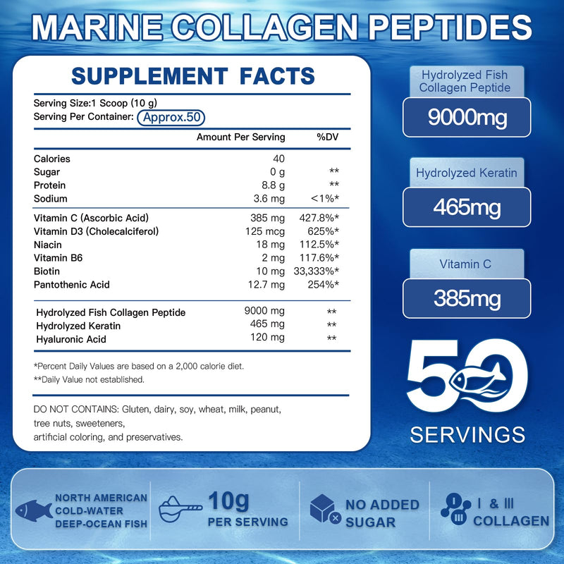 ZEBORA Marine Collagen Peptides Powder for Women, 50 Servings | Wild Caught Hydrolyzed Fish Collagen with Hyaluronic Acid, Keratin, Multivitamins for Skin, Hair, Nails, Keto-Friendly 1.1 Pound (Pack of 1)
