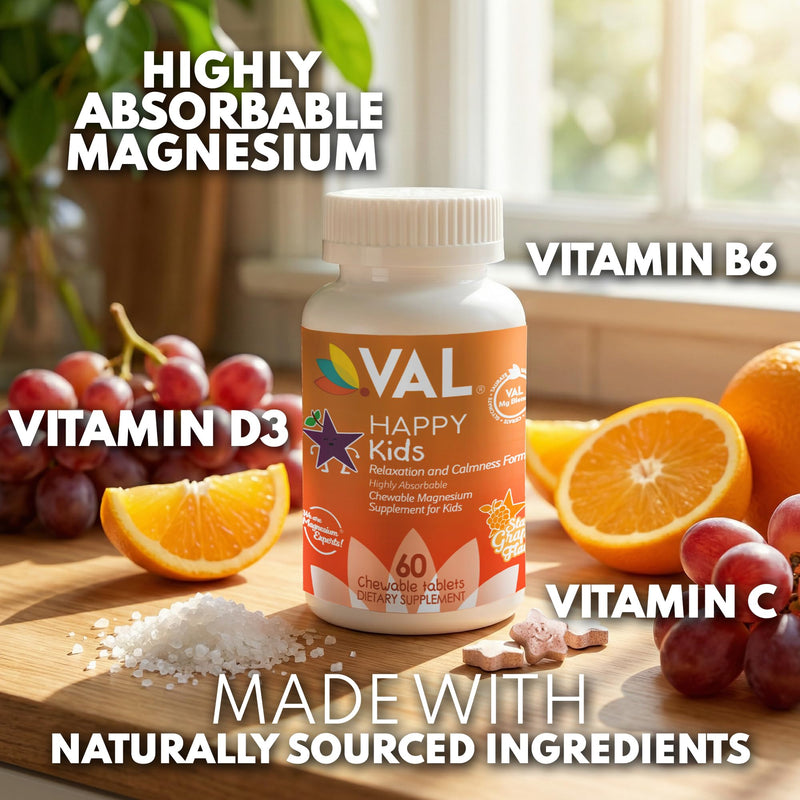 VAL Magnesium for Kids | High-Absorption Magnesium for Calm, Relaxation & Focus | Mg Glycinate, Citrate & Taurate | with Vitamin B6, D & C | Sugar-Free, Non-GMO | 60 Chewable Tablets Grape 60 Count (Pack of 1)