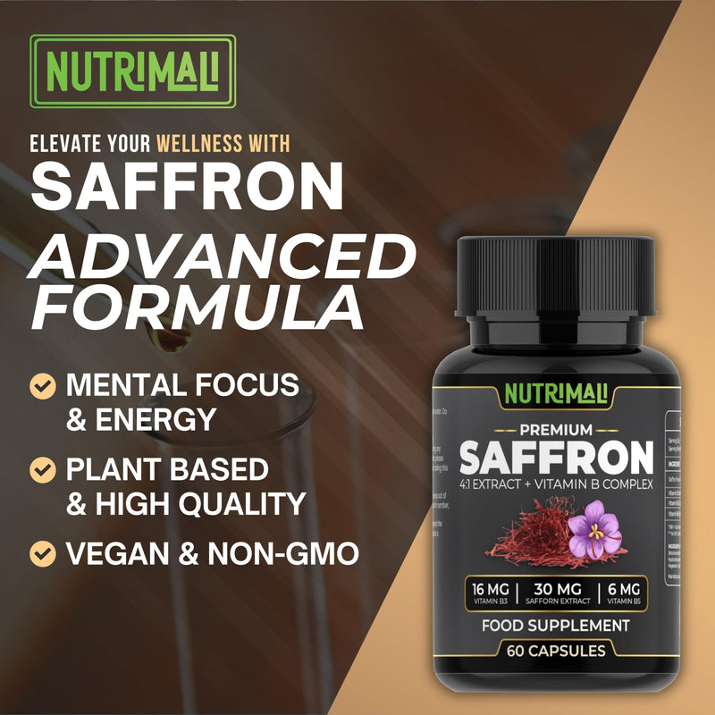 Saffron Supplement – 4:1 Saffron Extract + Vitamin B Complex | High Strength - 60 Vegan Capsules | 100% Pure Saffron, Non-GMO | By NutriMali