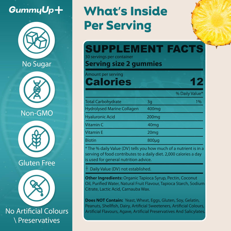 Hydrolysed Collagen Gummies with Biotin + Oral Hyaluronic Acid | Highly Absorbable with Vitamin C+E | 60 Sugar Free Natural Pineapple Flavoured Gummies