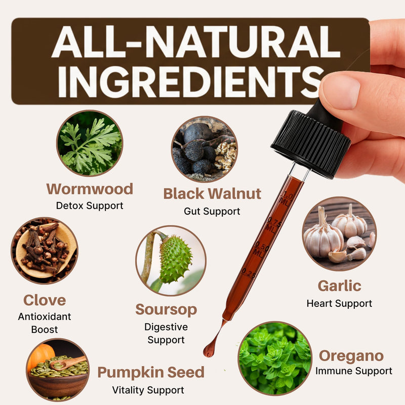 Wormwood Black Walnut and Clove Liquid Drops - All-in-One Botanical Herbal Extract Supplement | Digestive Support and Detox Aid for Human Gut Health - Alcohol Free | Vegan - 60ml