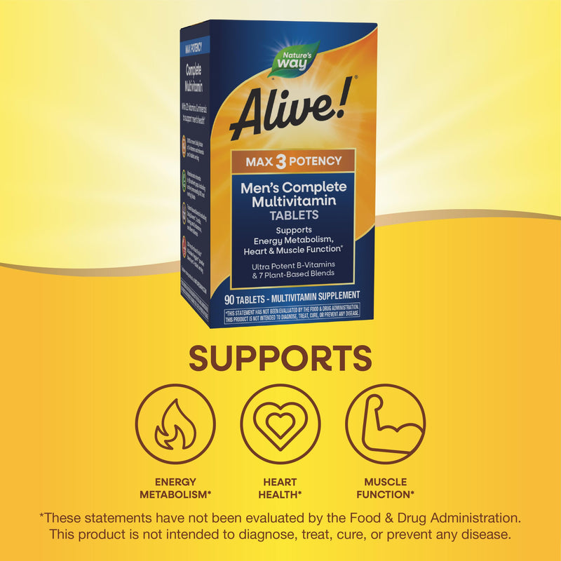Nature's Way Alive! Men’s Max3 Potency Multivitamins, Supports Energy Metabolism*, Heart & Muscle Function*, with Methylated B12 and Folate, Gluten-Free, 90 Tablets, (Pack of 2) 90 Count (Pack of 2)