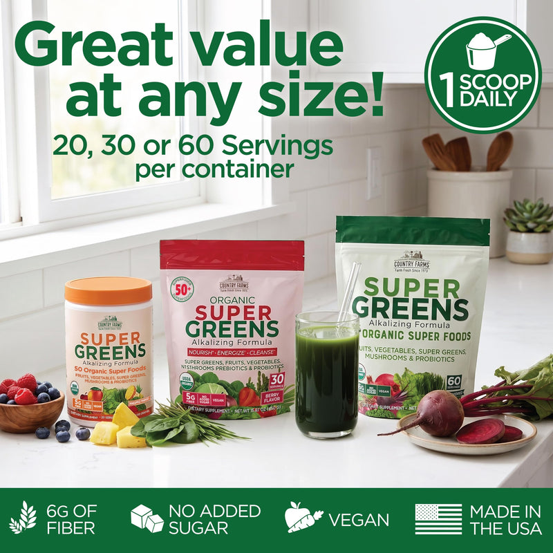 Country Farms Organic Super Greens Powder, 50 Organic Superfoods, Daily Greens Drink Mix with Fruits, Vegetables, Fiber, Probiotics & Mushrooms, Supports Energy, Gut Health & Digestion, Natural Flavor 1 Count (Pack of 1)