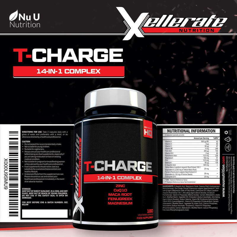 T-Charge for Men Supplement - 180 Vegetarian Capsules - Complex with 14 Active Ingredients Including Zinc, Magnesium & Maca Root - Made in the UK - Xellerate Nutrition
