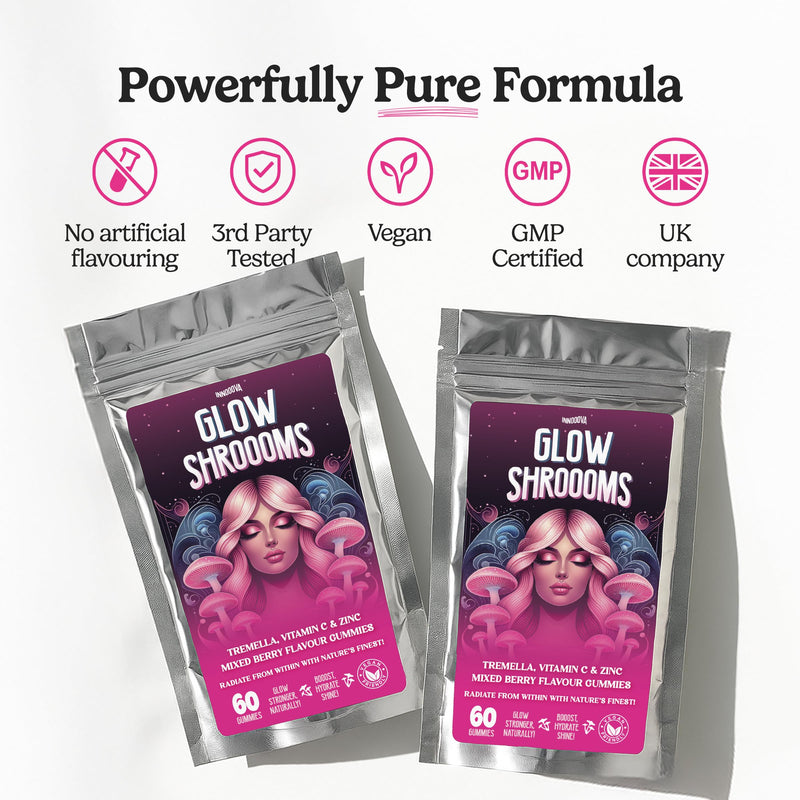 Glowshroooms Mushroom Gummies with Tremella, Vitamin C & Zinc for Skin Glow, Hydration & Collagen Support, Vegan, Gluten Free, Natural Berry Flavour, 60 Gummies, 1 Month Supply Mixed Berry 1 count (Pack of 60)