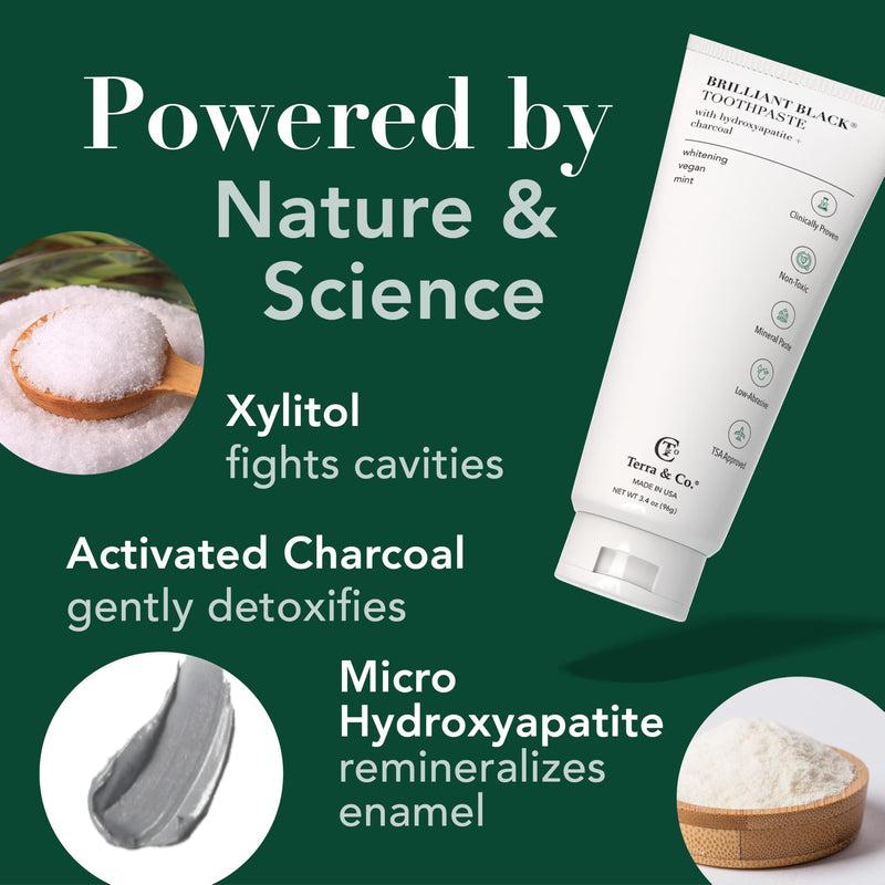 Terra & Co. Brilliant Black Hydroxyapatite Toothpaste for Whitening Teeth – USA-Made - Natural Remineralizing Toothpaste, Fluoride-Free, Vegan, SLS-Free, Low Abrasion – Mint, 3.4 oz Whitening - Mint 3.4 Ounce (Pack of 1)