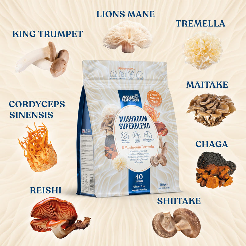 Applied Nutrition Mushroom Superblend - Lions Mane, Reishi, Chaga, Shiitake, Maitake, Tremella, Cordyceps Sinensis, King Trumpet | Vegan & Gluten Free (160g – 40 Servings) Unflavoured 160 g (Pack of 1)