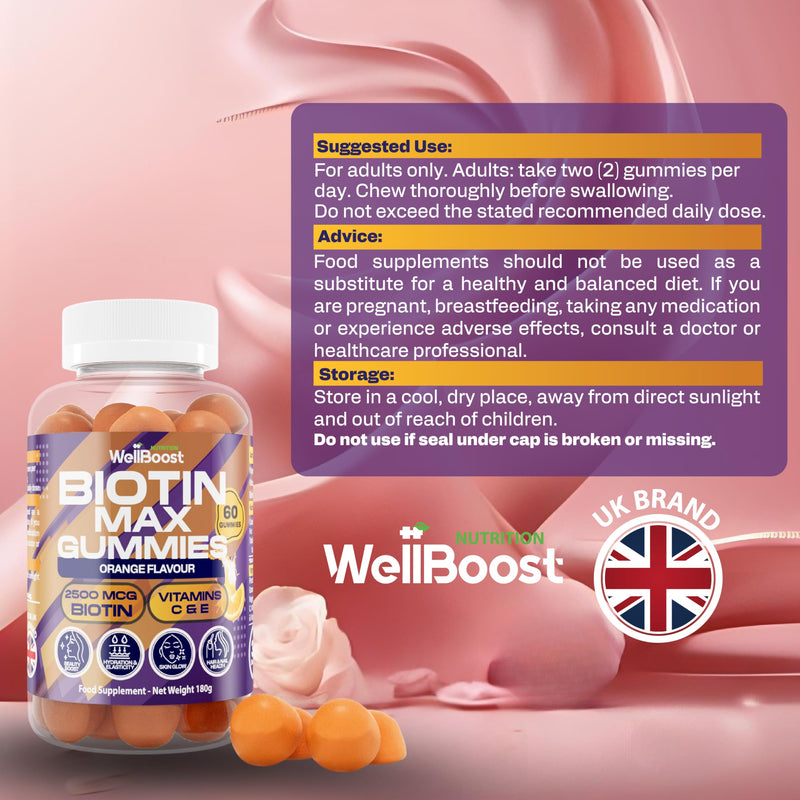 WellBoost Biotin Gummies – 2500mcg Biotin, 25mg Vitamin C & 6.2mg Vitamin E – Vegan with Orange Flavour – Hair, Skin & Nails Support – Adults (1 Month Supply)
