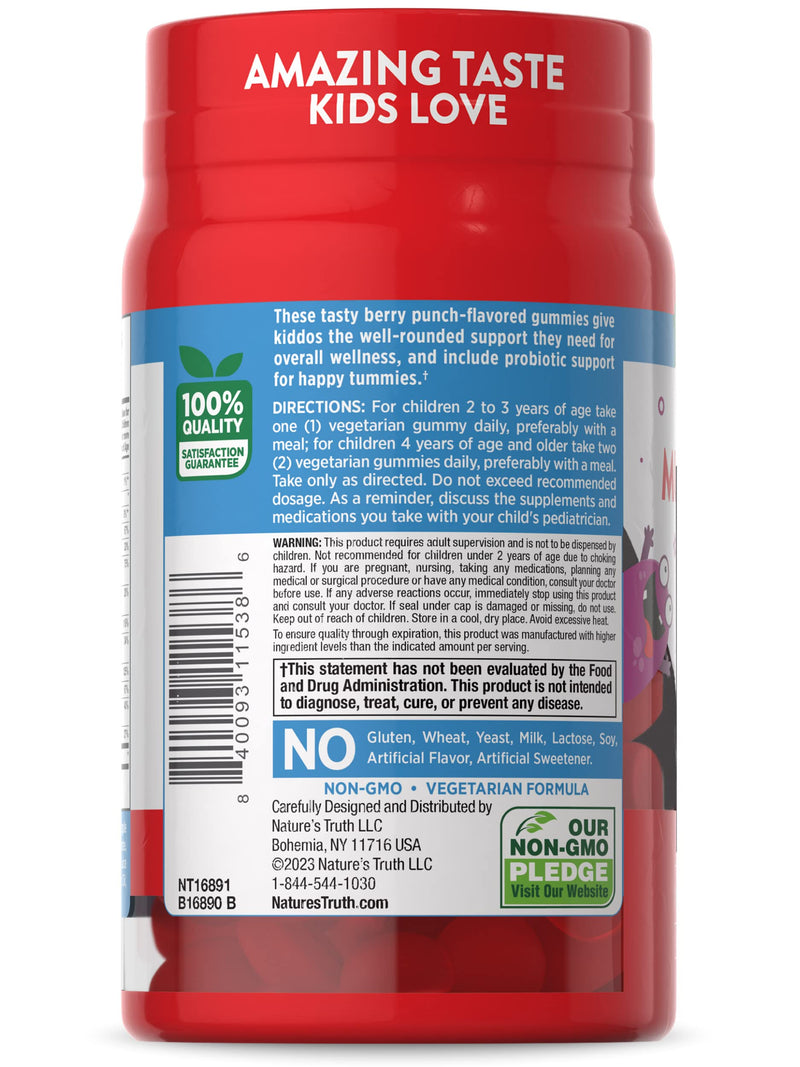 [Australia] - Nature's Truth Kids Multivitamin Gummies with Probiotics | 60 count | Vegetarian, Non-GMO, Gluten Free Supplement | Vitamin C, D3 & Zinc | Berry Punch Flavor 