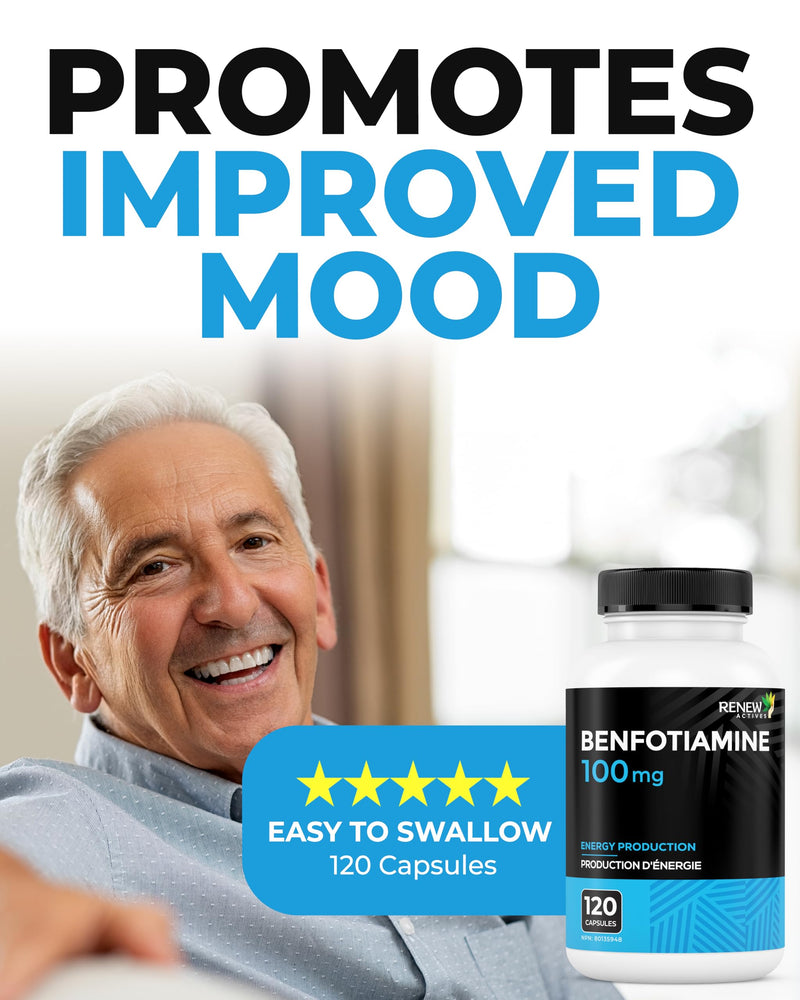 Renew Actives Benfotiamine 100mg – Supports Energy Production & Overall Wellness – Vegan, Non-GMO, Gluten-Free – 120 Capsules