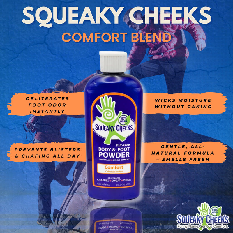 Squeaky Cheeks Comfort Blend Body and Foot Powder(5 oz) | Organic Talc-Free and All Natural Powder | Comfort Formula | Fresh Scent With Essential Oils | Effective Relief From Chafing, Sweat and Odor
