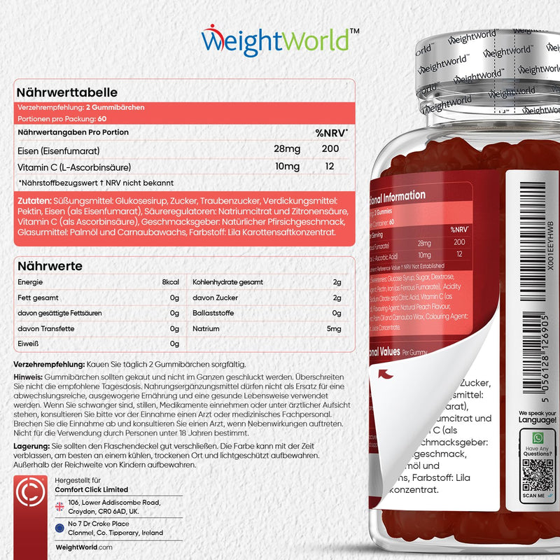 [Australia] - Iron & Vitamin C Gummy Bears - 2 Month Supply - 28mg Iron & 10mg Vit C - 120 Iron Gummies with Peach Flavor - Immune System, Metabolism (EFSA) - Alternative to Iron Tablets - WeightWorld 