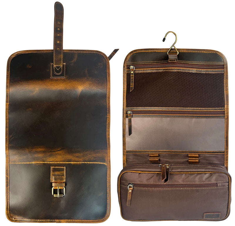 Leather Hanging Toiletry Bag for Men, Travel Shaving Dopp Kit Organizer | Full Grain Leather, Brass Hook, YKK Zippers, 11 x 7 inch Fits in Any Carry-On, Water-Resistant Lining; Cosmetic & Makeup Kit Brown
