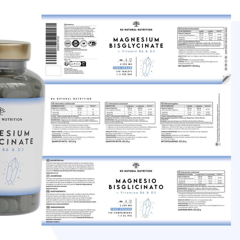 Magnesium Bisglycinate 2250mgt, 450mg Elemental Magnesium, Vitamin D3 + B6 (up to 5 Months) 150 High Absorbtion Divisible Tablets, Help Reduce Tiredness and Fatigue. N2 Natural Nutrition