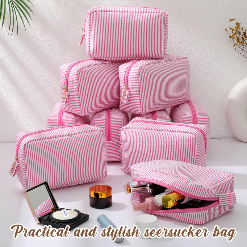 Sanwuta 10 Pcs Seersucker Cosmetic Bag Seersucker Makeup Bag Women Stripe Large Travel Toiletry Organizer Preppy Storage Pouch for Embroidery Wedding Bridesmaid Bride Mom (Pink) Pink