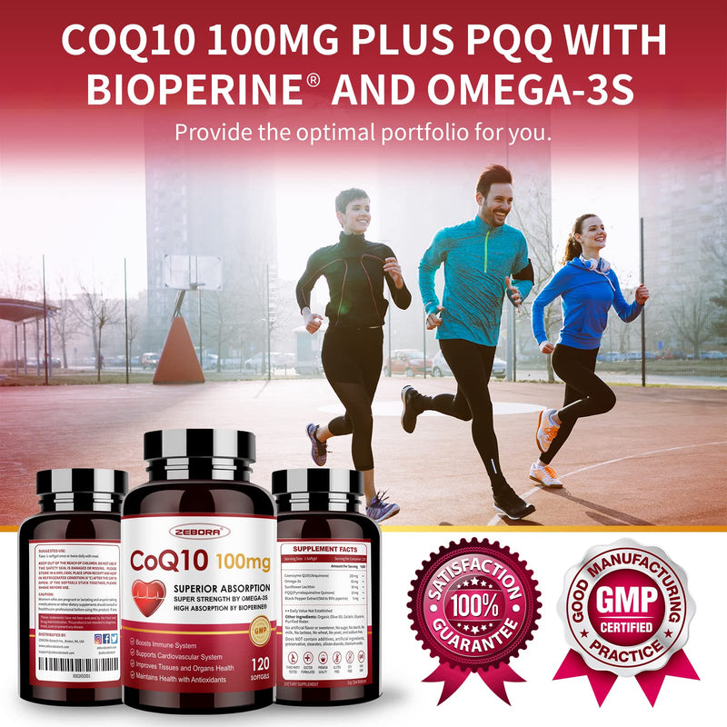 [Australia] - CoQ10-100mg-Softgels with PQQ, BioPerine & Omega-3, High Absorption Coenzyme Q10 Supplement, Powerful-Antioxidant, Support Heart & Energy-Production 120 Servings, Non-GMO 