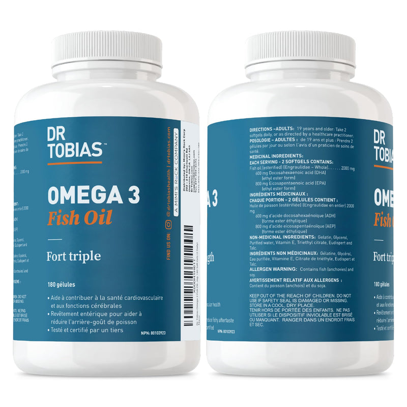 [Australia] - Dr. Tobias Omega 3 Fish Oil, 2000mg Triple Strength Omega 3 Supplement with 800mg EPA 600mg DHA Per Serving, Fish Oil Omega 3 Supplements for Heart, Brain & Immune Support, 180 Softgels, 90 Servings 180 Count (Pack of 1) 