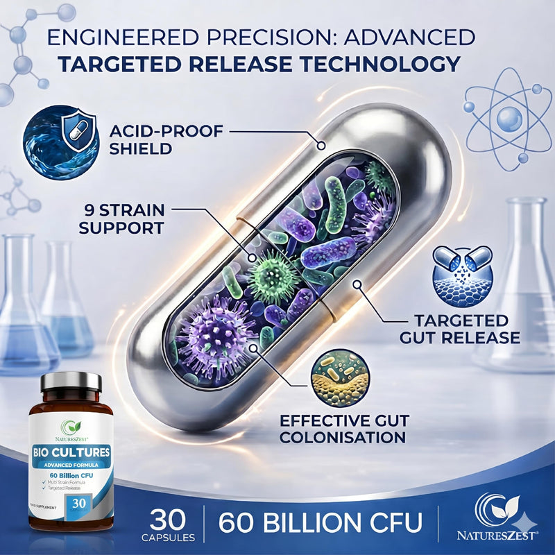 Bio Cultures Complex Probiotics and Prebiotics for Gut Health 60 Billion CFU - 30 Vegan Capsules - High Strength Digestive Supplements, Multi Strain Pre and Probiotics Formula for Men & Women 30 count (Pack of 1)