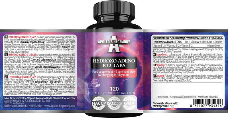 Vitamin B12 100 µg - Hydroxocobalamin & Adenosylcobalamin |120 Vegan Tablets | 480 Servings - Energy and Nervous System-by Apollo's Hegemony