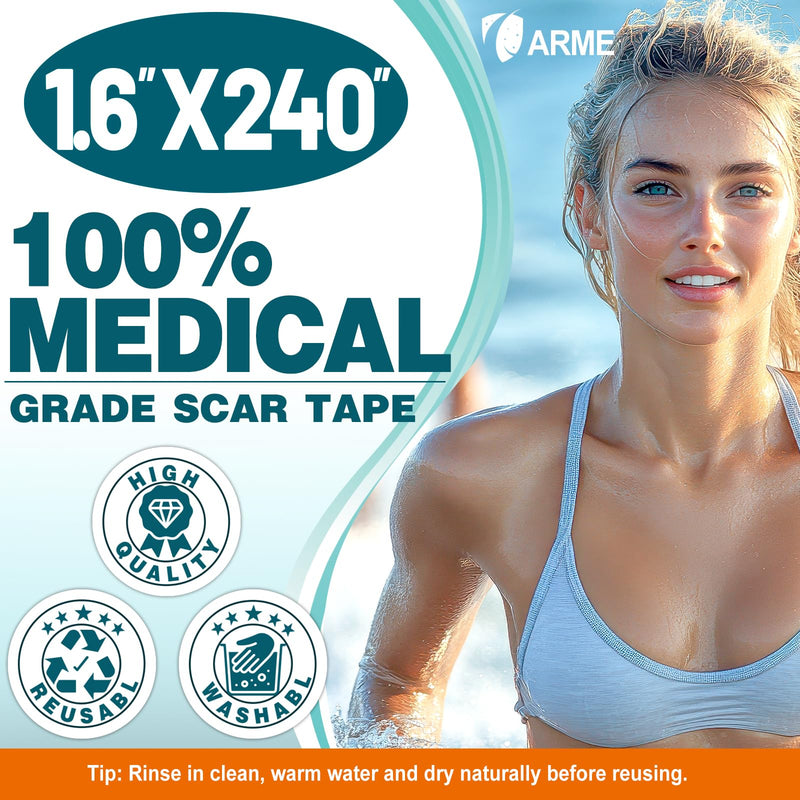 [Australia] - Arme Silicone Scar Tape, 1.6" x 240" Silicone Scar Sheets(2 Rolls-6M), Medical Grade Scar Tape Removal Sheets for Surgical Scars, Reusable Scar Removal Strips for Tummy Tuck C-Section Keloid 2 Pack 