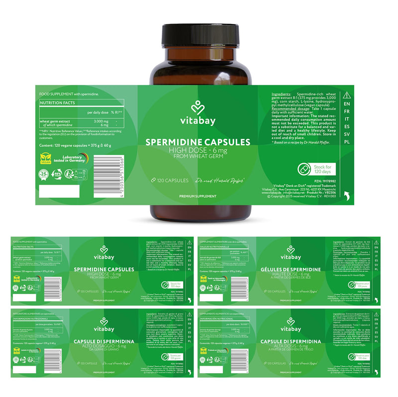 Vitabay Spermidine 6 mg High Strength Supplement – 120 Vegan Capsules with Fermented Wheat Germ Extract – Laboratory Tested in Germany – No Additives – 4 Month Supply