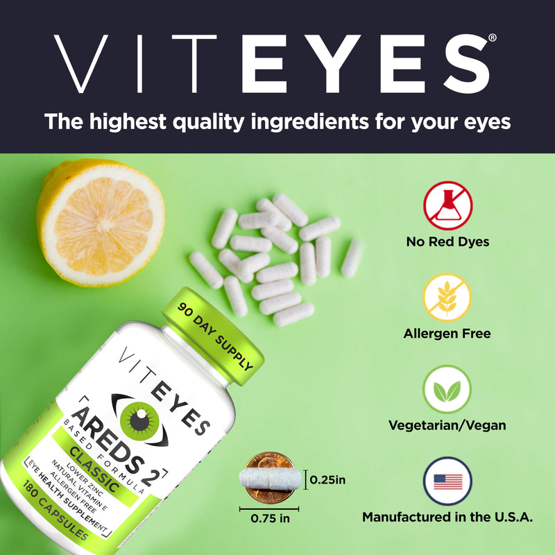 [Australia] - Viteyes AREDS 2 Eye Vitamins, Classic Macular Support, Allergen Free Capsules, with Natural Vitamin E, Vitamin C, Zinc, Copper, Lutein & Zeaxanthin, Eye Doctor Trusted, Manufactured in The USA, 180 Ct 180 Count (Pack of 1) 