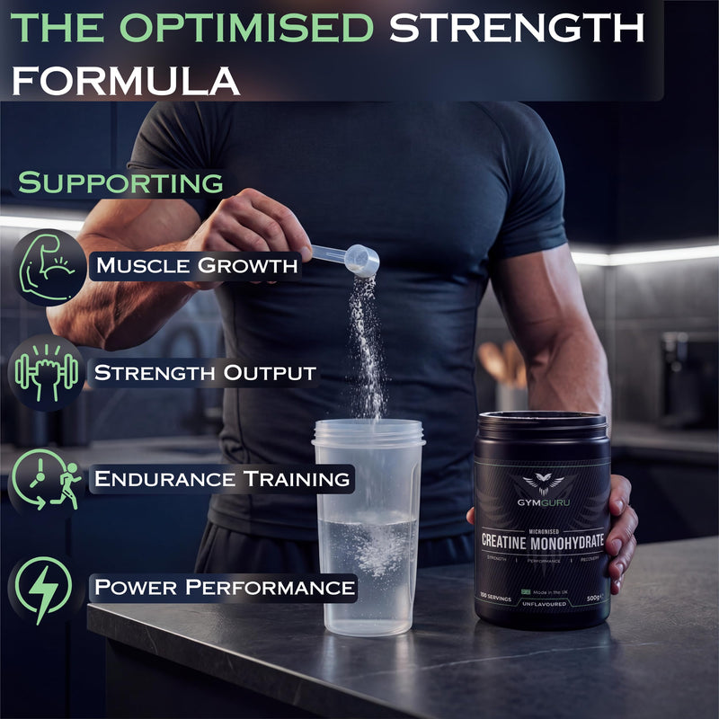 Gym Guru® Micronized Creatine Monohydrate Powder 500g - UK Made | Unflavoured Pure Creatine Monohydrate Powder, Easy Dissolve, Vegan Creatine 5g for Gym, Men & Women, 100 or 50 Servings