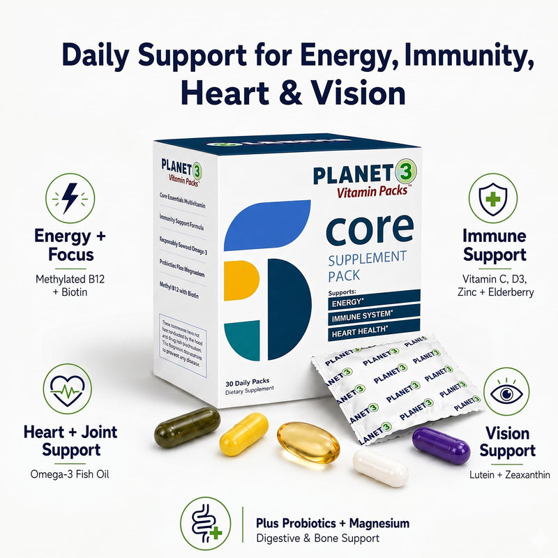 Daily Vitamin Packs for Men & Women – Immune, Energy & Heart Support with Vitamin D3, Omega-3, Probiotics, Methyl B12 & Vitamin C – Multivitamin with Lutein – Planet 3 Vitamin Packs, 30 Packets