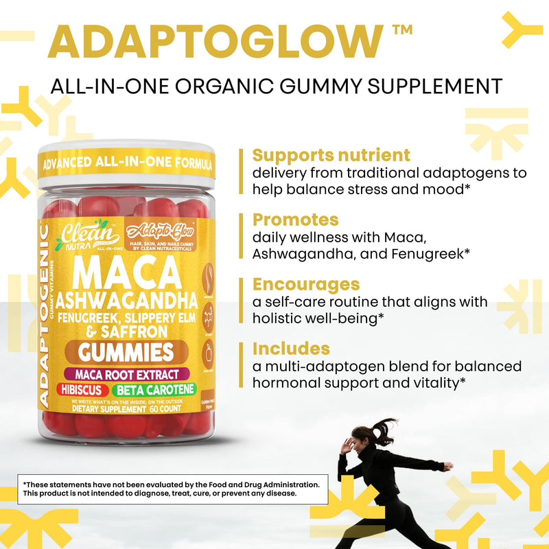 Clean Nutra Maca Root Gummies Ashwagandha Fenugreek Slippery Elm Saffron Hibiscus Beta Carotene Vitamin A for Women Macaroot Extract 60 Gummies Vegan Adaptogen Supplement Gummy Non GMO