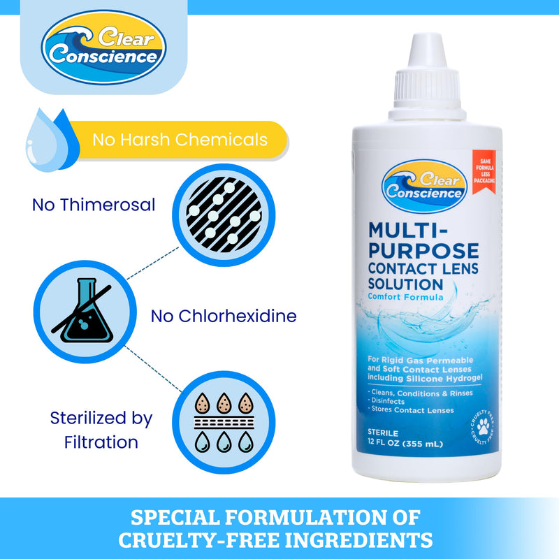 [Australia] - Cruelty-Free Contact Lens Solution 12oz - Multi Purpose Contact Solution & Contact Lens Cleaner - Eye Contact Solution, Sterile Isotonic Contact Lenses Solution by Clear Conscience 12 Fl Oz 1 