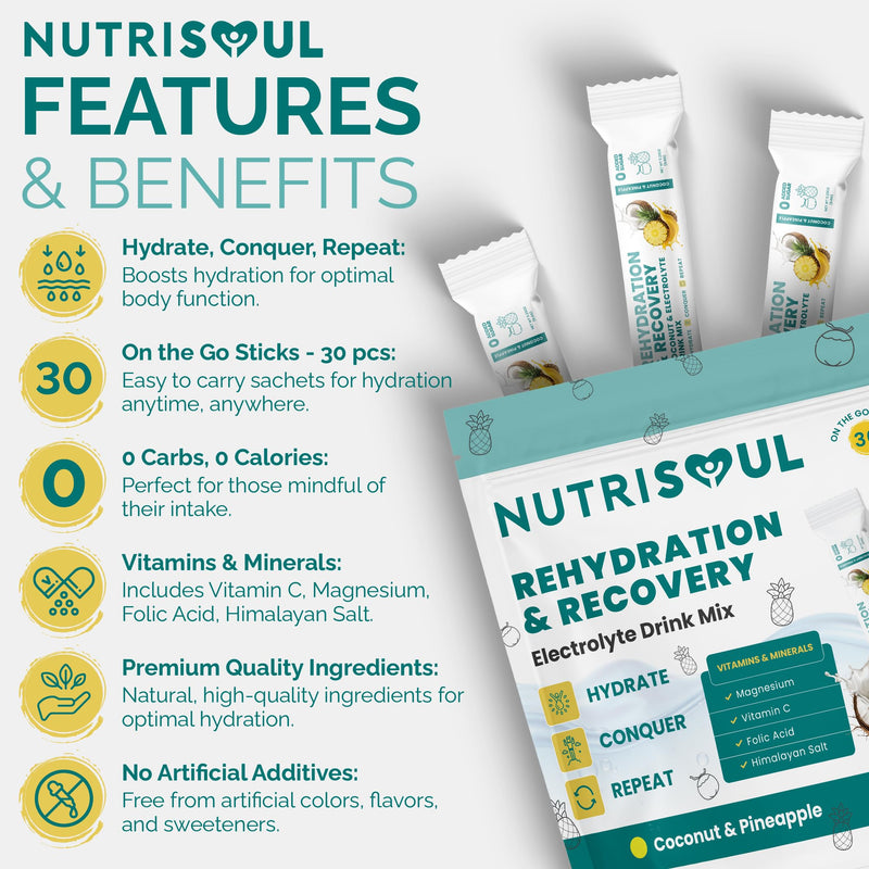 Rapid Rehydration Electrolyte Powder | Pineapple & Coconut Flavour | 30 Sachets | Vitamins C, B1, B3, B5, B9, B12, Magnesium & Himalayn Salt | Zero Sugar | Electrolytes Hydration Drink Mix