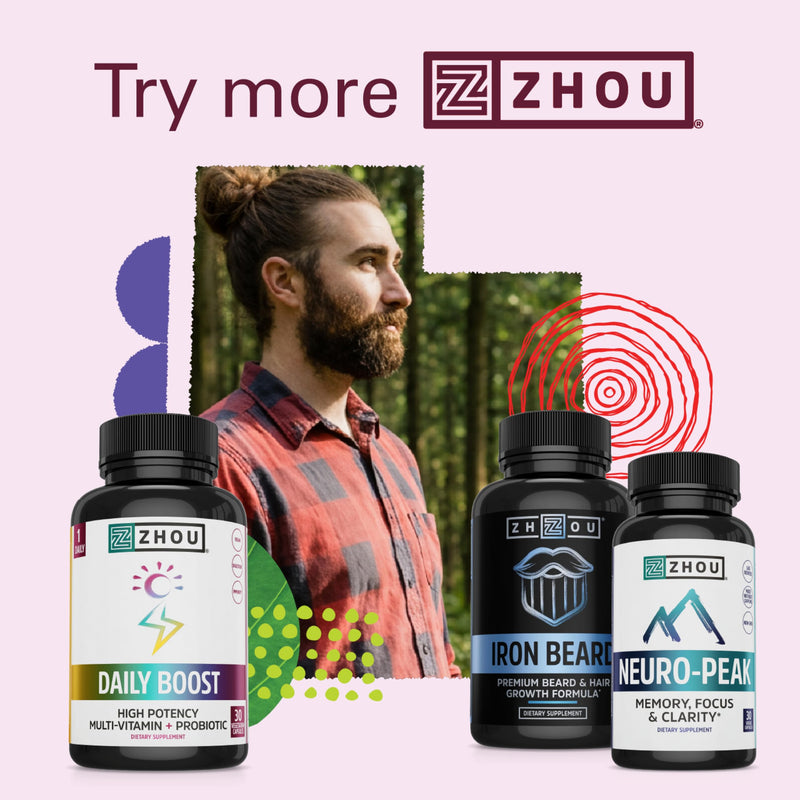 Zhou Iron Beard - Beard Growth Vitamins Men - 60 Veggie Capsules | Premium Biotin, Saw Palmetto & B Vitamin Pills to Support Facial Hair, Care Supplement for Full Beard