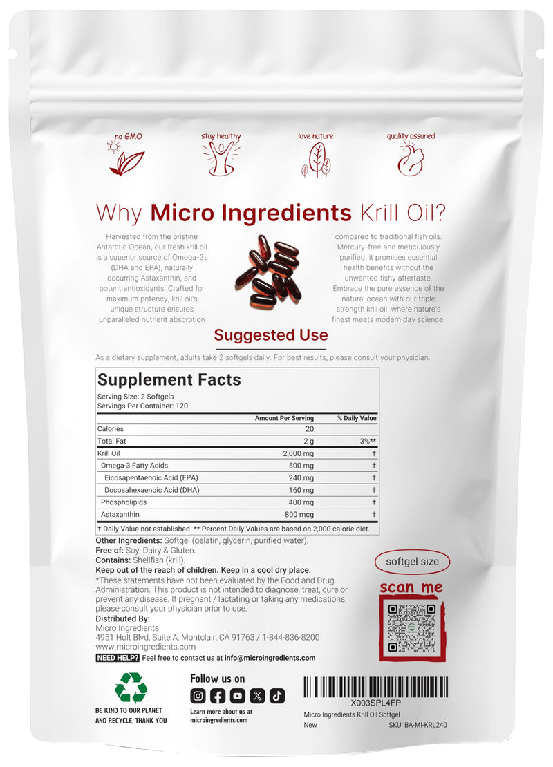 [Australia] - Micro Ingredients Antarctic Krill Oil Supplement, 2,000mg Per Serving, 240 Softgels, Triple Strength, Rich in Omega-3s EPA, DHA & Natural Astaxanthin, Supports Immune System & Brain Health 