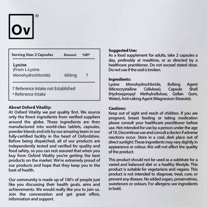 Oxford Vitality Lysine 660mg Capsules | Essential Amino Acid for Collagen Formation Protein Metabolism Immune Support and Tissue Repair | High Strength L-Lysine | Pack of 120 500 count (Pack of 1)