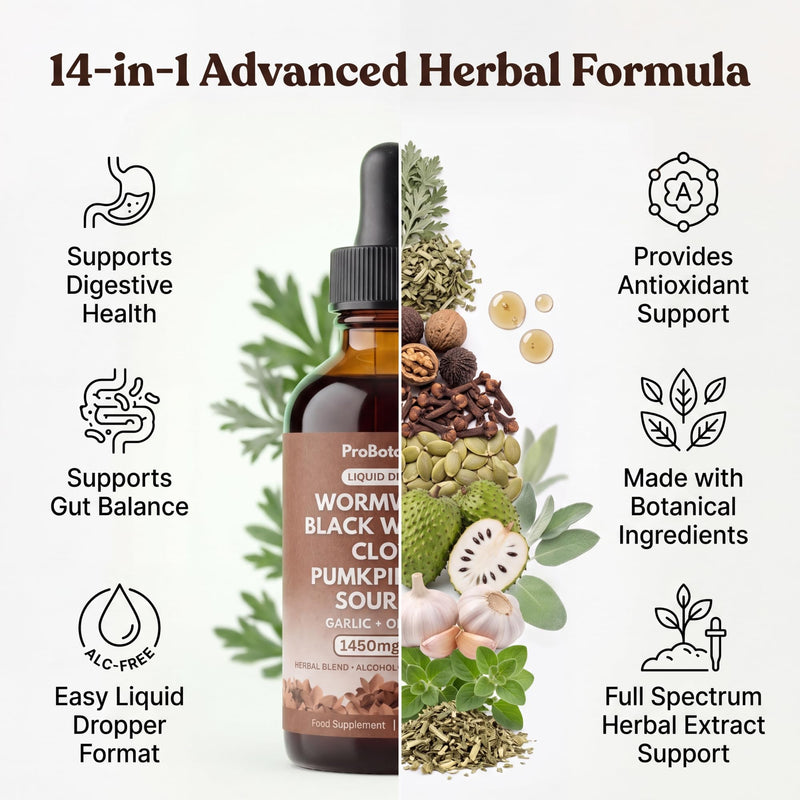 Wormwood Black Walnut and Clove Liquid Drops - All-in-One Botanical Herbal Extract Supplement | Digestive Support and Detox Aid for Human Gut Health - Alcohol Free | Vegan - 60ml