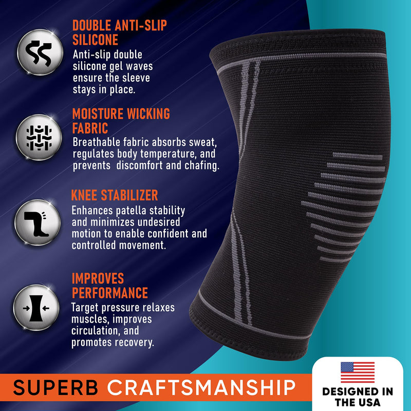 [Australia] - Knee Brace for Men and Women - 2 Pack Knee Compression Sleeves for Pain Relief - Support for Weightlifting, Gym, Workout, Volleyball - Meniscus Tear, ACL, Arthritis Large Black 