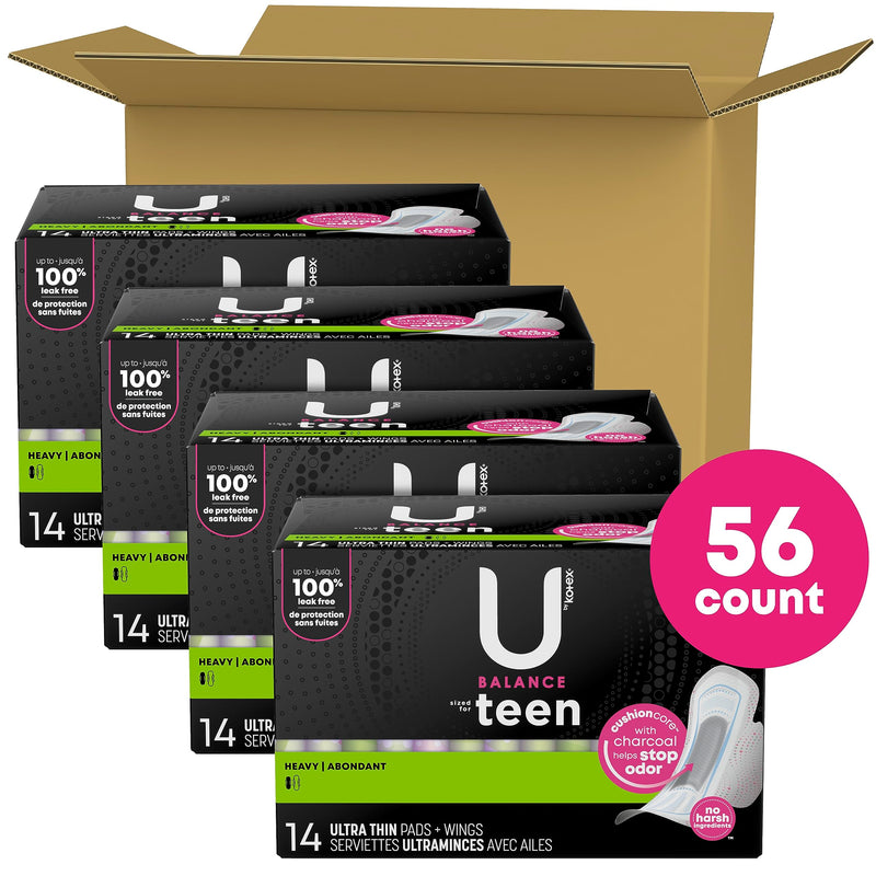 [Australia] - U by Kotex Balance Sized for Teens Ultra Thin Pads with Wings, Heavy Absorbency, 56 Count (4 Packs of 14) (Packaging May Vary) 