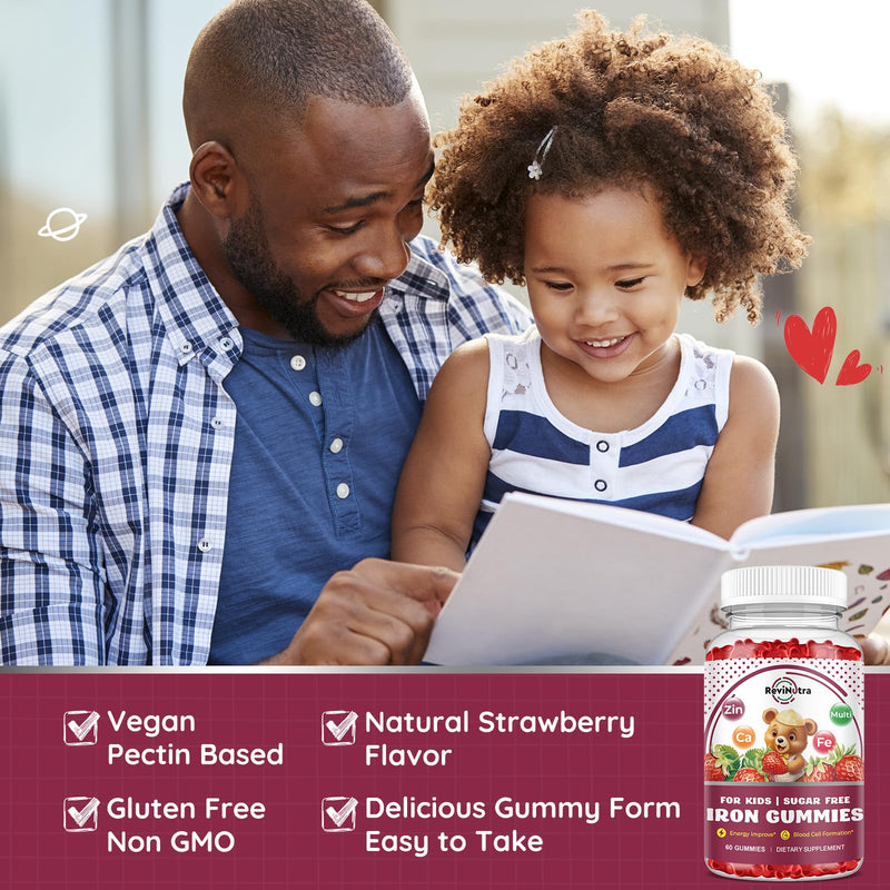 [Australia] - Iron Supplement Gummies for Kids - with Calcium, Zinc, Kids Multivitamin with Iron Gummies - Immune Support, Blood Builder & Energy Support for Iron Deficiency, Anemia, Vegan - 60 Gummies Strawberry 60 Count (Pack of 1) 
