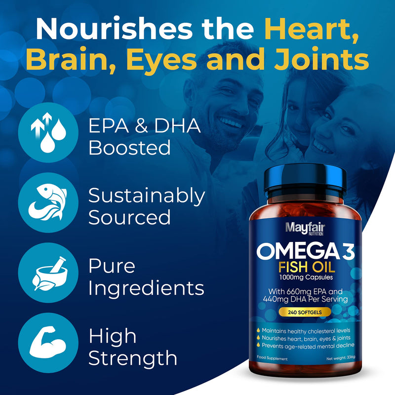 Omega 3 1000mg Capsules - 240 Fish Oil Tablets with 660mg EPA & 440mg DHA per Daily Serving - Supports Heart, Vision, & Brain Health - 4 Months Supply - Made in UK…