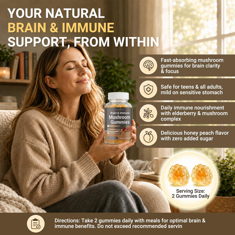 Brain & Immune Mushroom Gummies with Organic 10-Mushroom Blend, Elderberry, Vitamin C & D3 | for Focus, Memory, Immune Support & Balanced Energy, Honey Peach Flavor, 80 Gummies